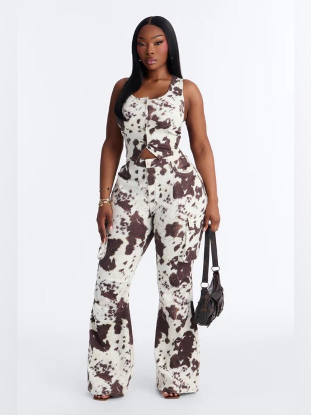 Cow Print Wide-Leg Set in White and Brown